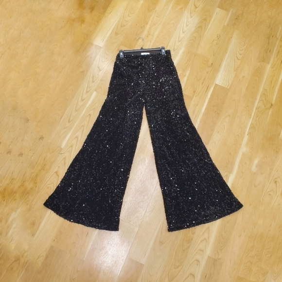 Faeriesty Black Sequin Wide Leg Pants Pull On Size M - Picture 2 of 9